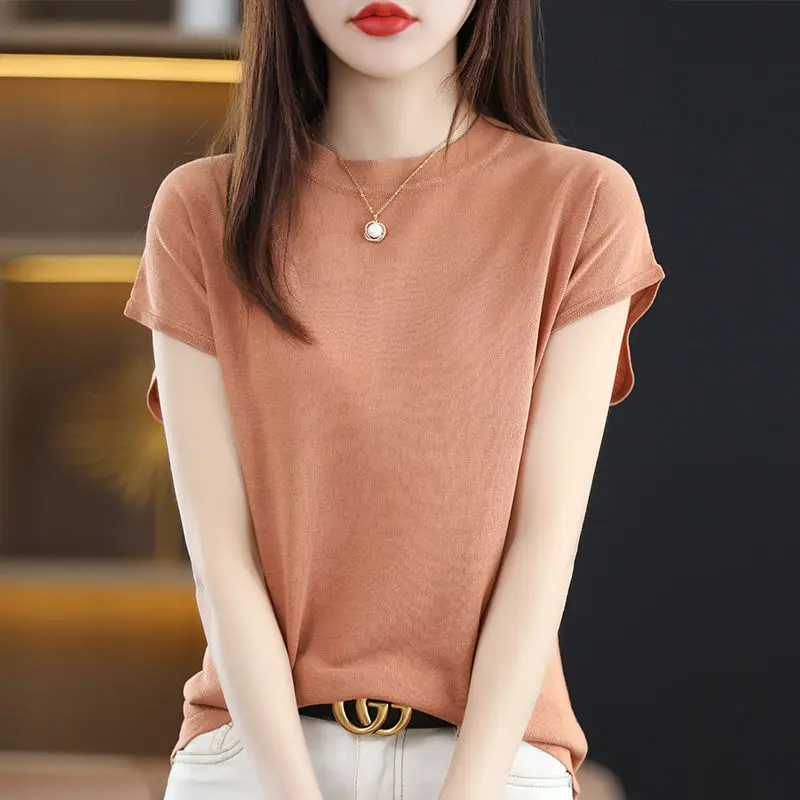 Fashion Solid Color Knitted Loose Korean T-Shirt Women\'s Clothing 2023 Spring New Casual Pullovers All-match Tee Shirt