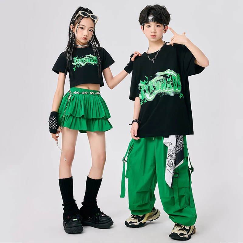 

Kids Jazz Dance Clothing Hip Hop Boys Tops Green Skirt Pants Girls Kpop Cheerlead Dance Wear Team Show Stage Outfits BL15615