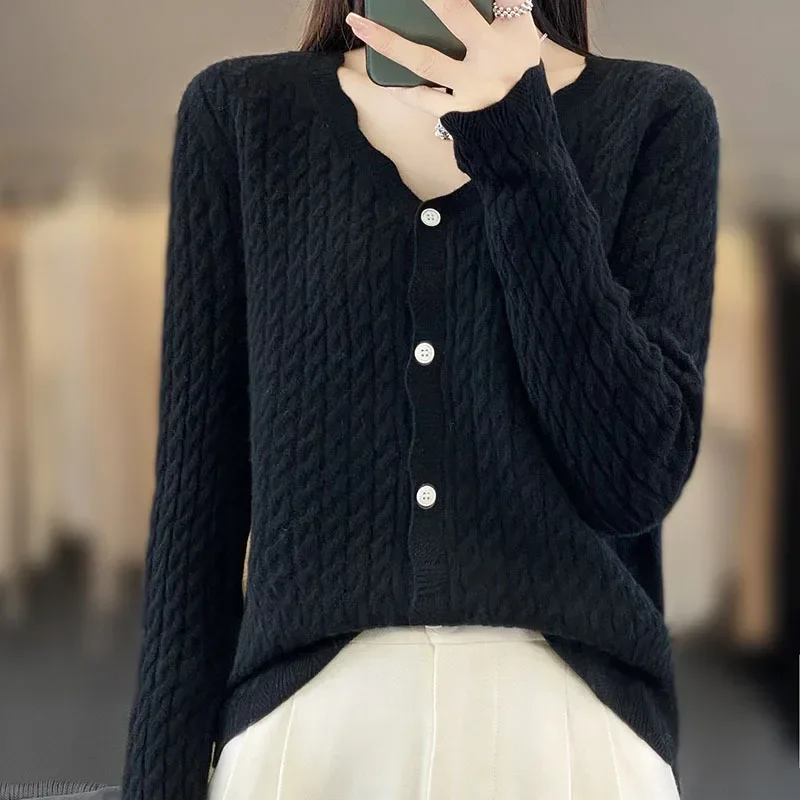 100% Austrilian Wool Women\' Autumn and Winter V-neck Twisted Wool Loose Fit High Stretch Sweater Knitted Sweater Cardigan