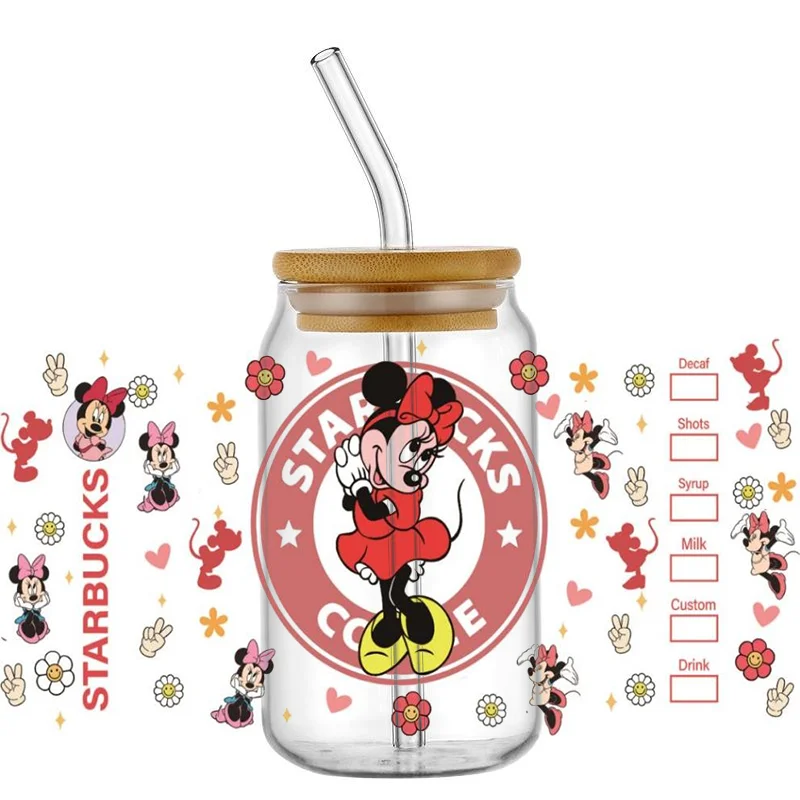 Miniso 3D UV DTF Transfers Sticker Mickey and Minnie Decal Cup Wrap for 16oz Libbey Glasses DIY Washable Mug Sticker