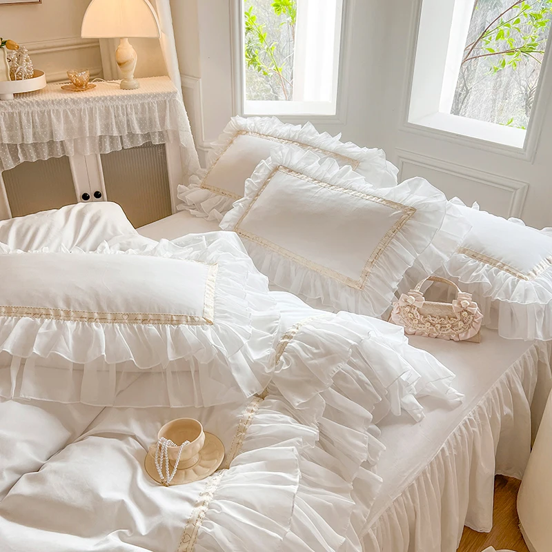 

4/6Pcs White Pink 100% Cotton Princess Wedding Bedding Set Three Layers White Chiffon Lace Duvet Cover Set Bed Skirt Pillowcases