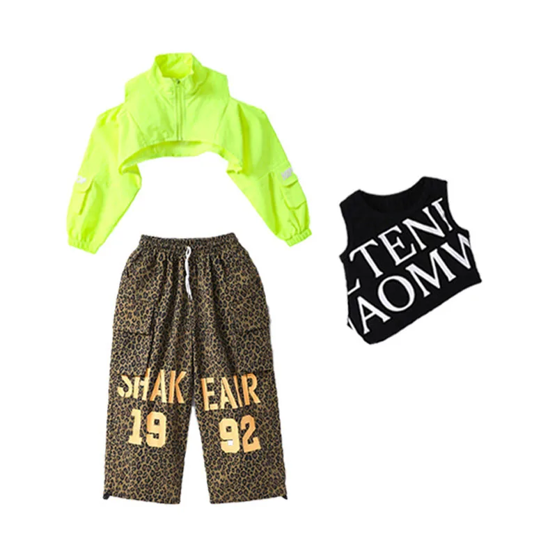 เด็กKpop Hip Hopเสื้อผ้าสีเขียวCrop Jacket Topเสือดาวพิมพ์ตัวอักษรลําลองกางเกงสําหรับGirl Boy Jazz Danceเสื้อผ้าเครื่องแต่งกาย