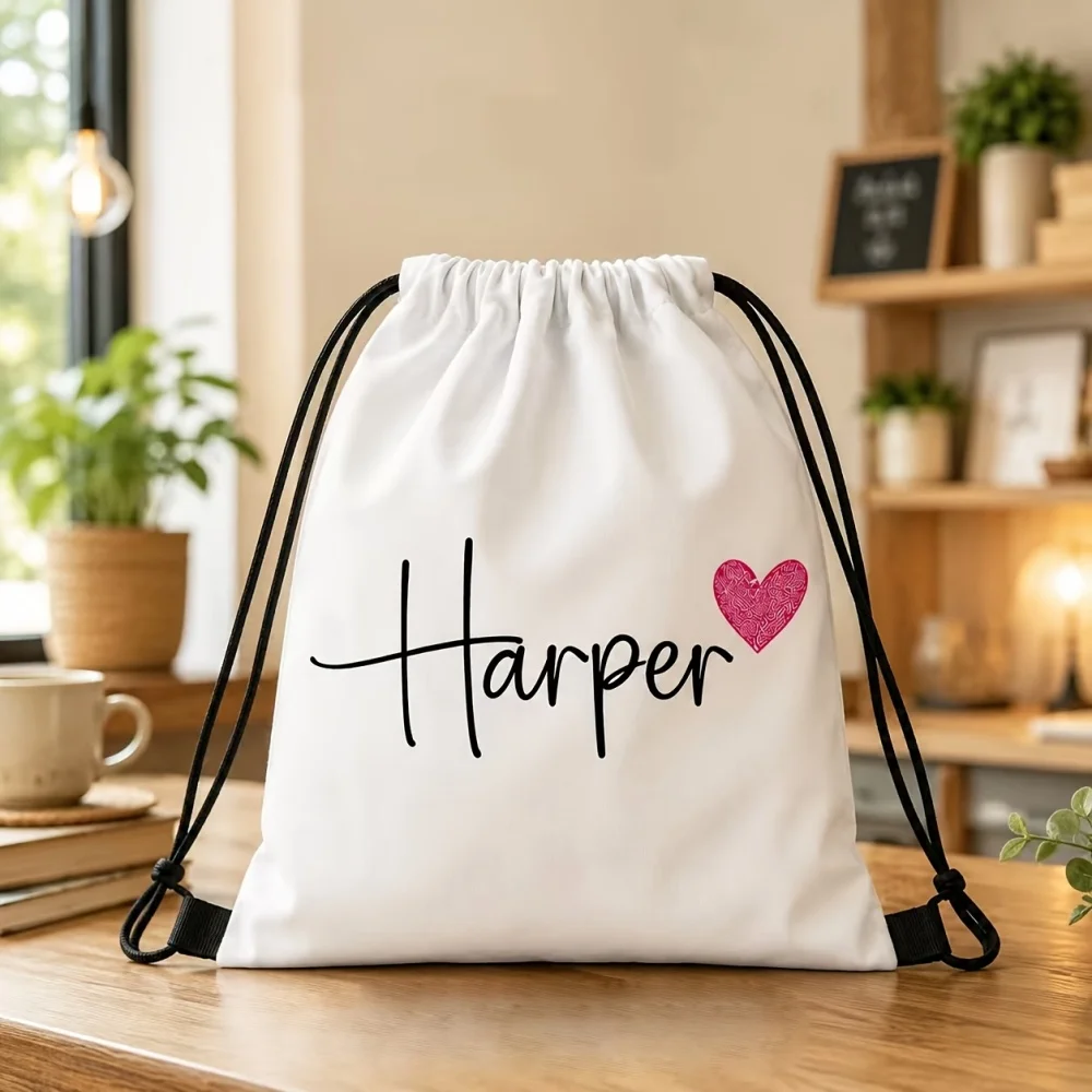1Pc Custom Name/Text Drawstring Backpack - Heart Pattern Lightweight Sport Bag,Suitable for Gifts Party Favors, Daily Storage