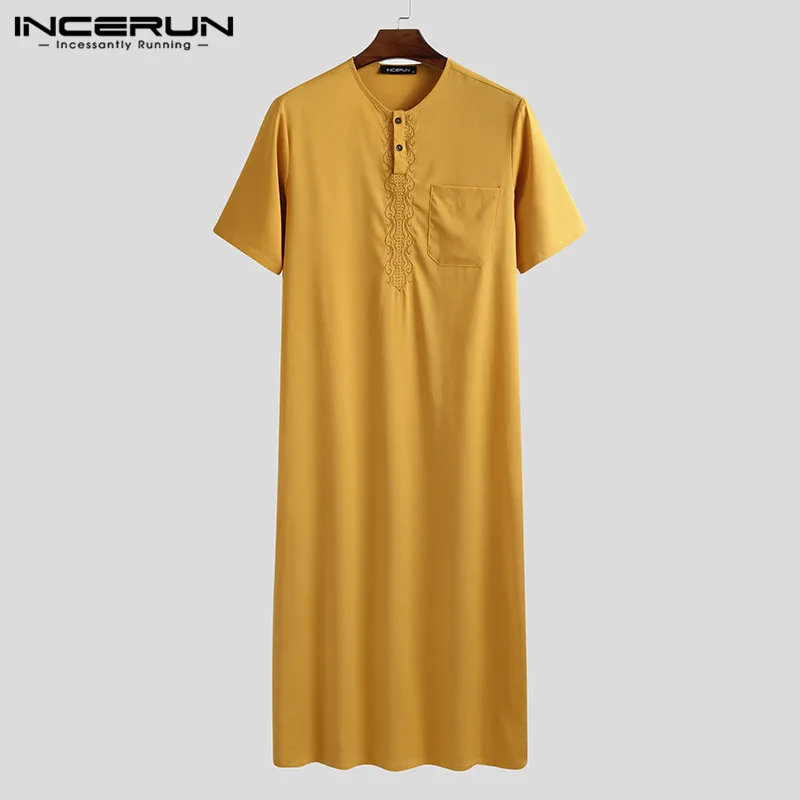 INCERUN Nam Thời Trang Áo Choàng Dài Cổ Tròn Tay Ngắn Áo Dây Người Vintage Màu Hồi Giáo Dài Sơ Mi Dài Cổ Jubba thobe