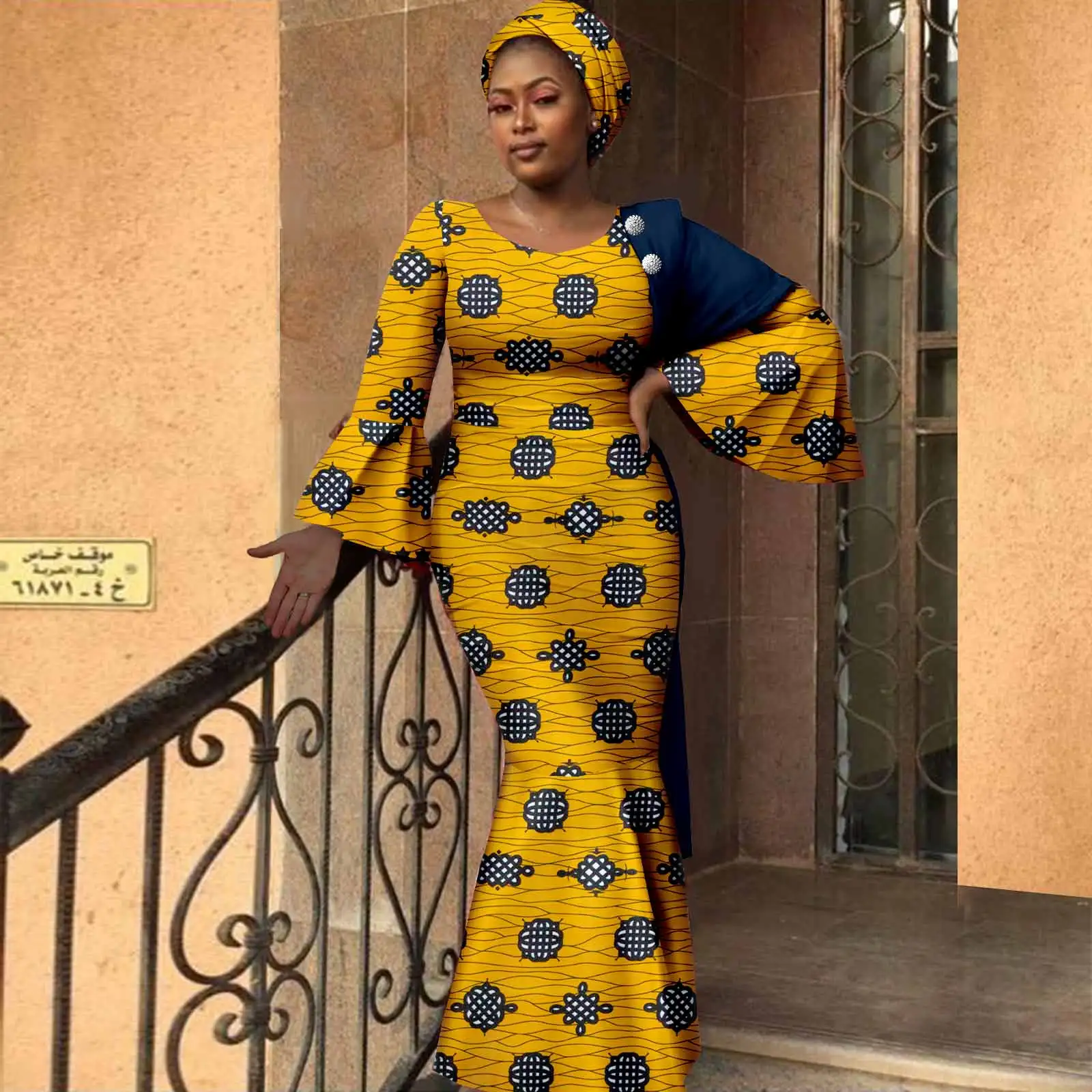 African Women Dresses Dashiki Ankara Print Slim Long Dress with Headwrap Bazin Riche Ladies Outftis Party Vestidos Y2225023