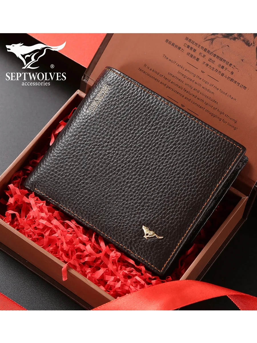 

Septwolves Men's Wallet Top Layer Cowhide ort Busin Horizontal Card Holder M Gifts