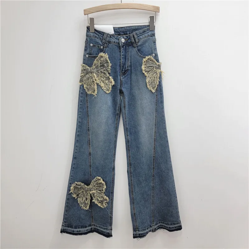 [zoci] 2024 New Design Bow High Street Jeans Women Early Autumn, Loose Elastic Straight Wide Leg Pants