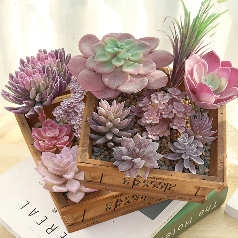 13pcs Artificial Succulent Plants Fake Mini Plastic Flocking Realistic Cactus Lotus Landscape Garden Home Office Miniature Decor