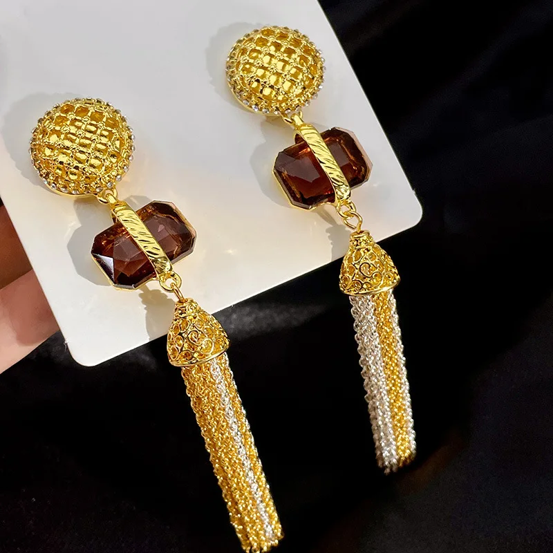 Luxury Crystal Statement Fashion Metallic Long Tassel Earrings Top Grade Baroque Style New Jewelry Christmas Gifts