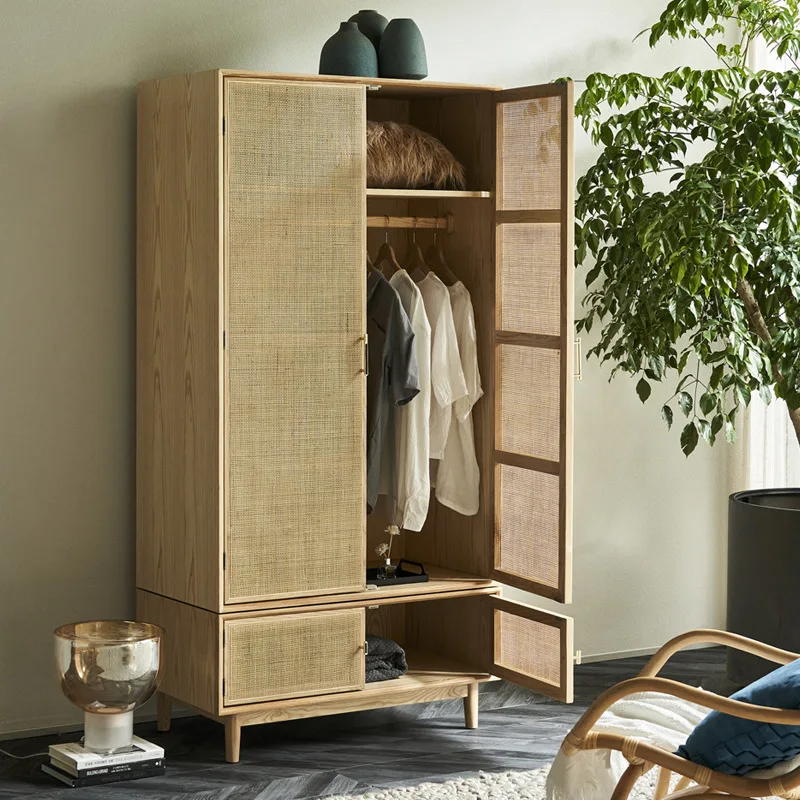 Nordic household sliding door wardrobe simple modern solid wood wardrobe creative B&B rattan lockers small apartment