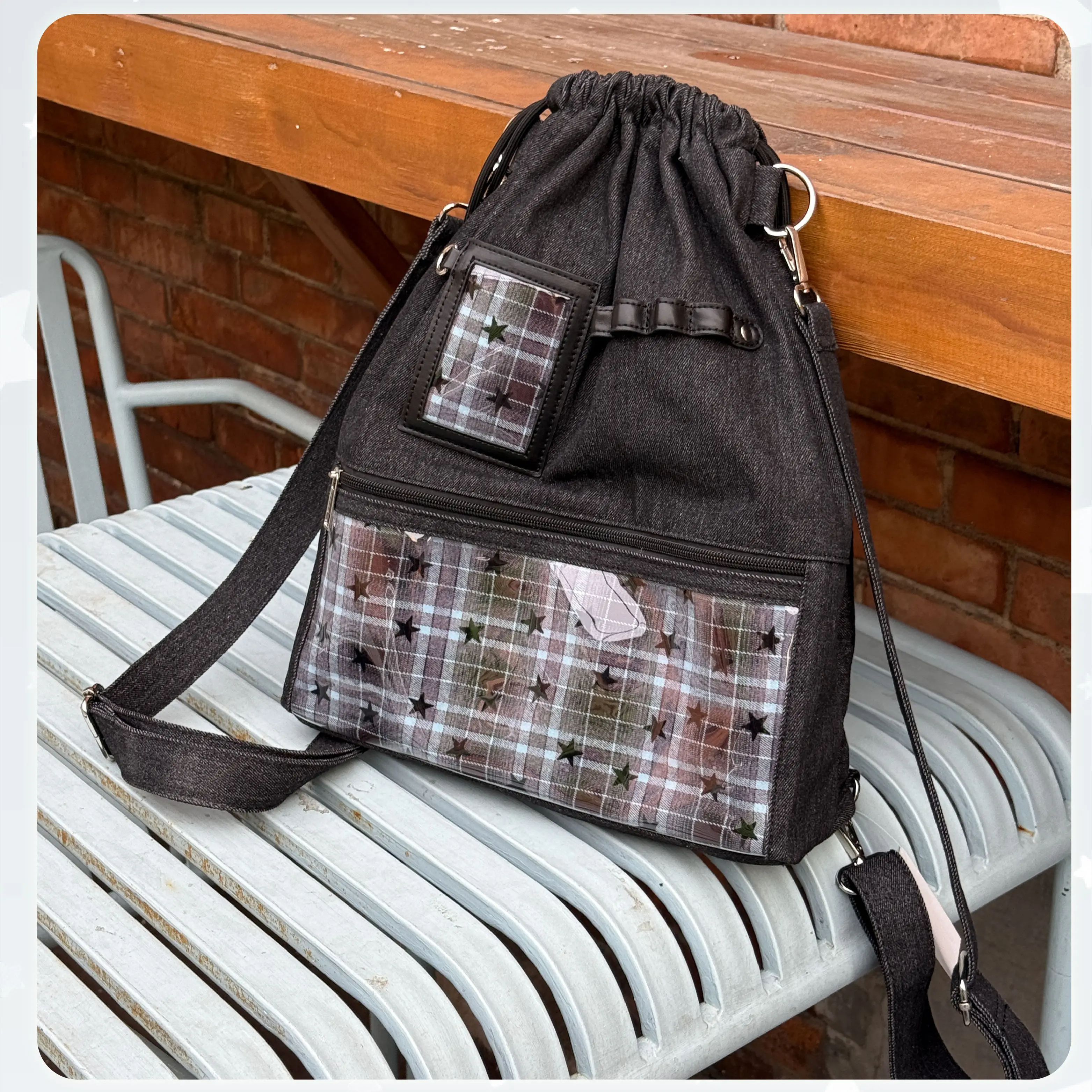 Stars Embroidery Denim Ita Bag with Checkered Lining - Convertible Crossbody/Backpack, Lightweight, Anime/Kpop Fans, Daily Use