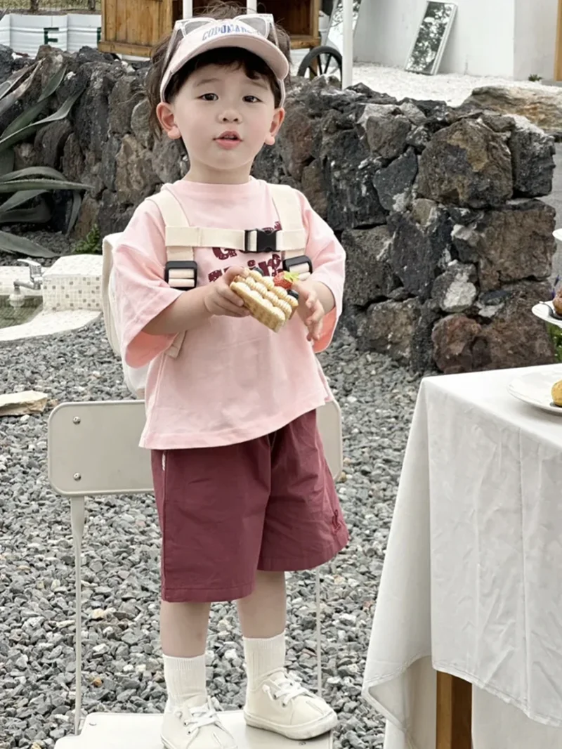 

Summer Boys Cotton Set 2026 New Style Children's Pink Trendy Casual Short Sleeve T-shirt+Shorts Two-Piece Set Kids Outfits