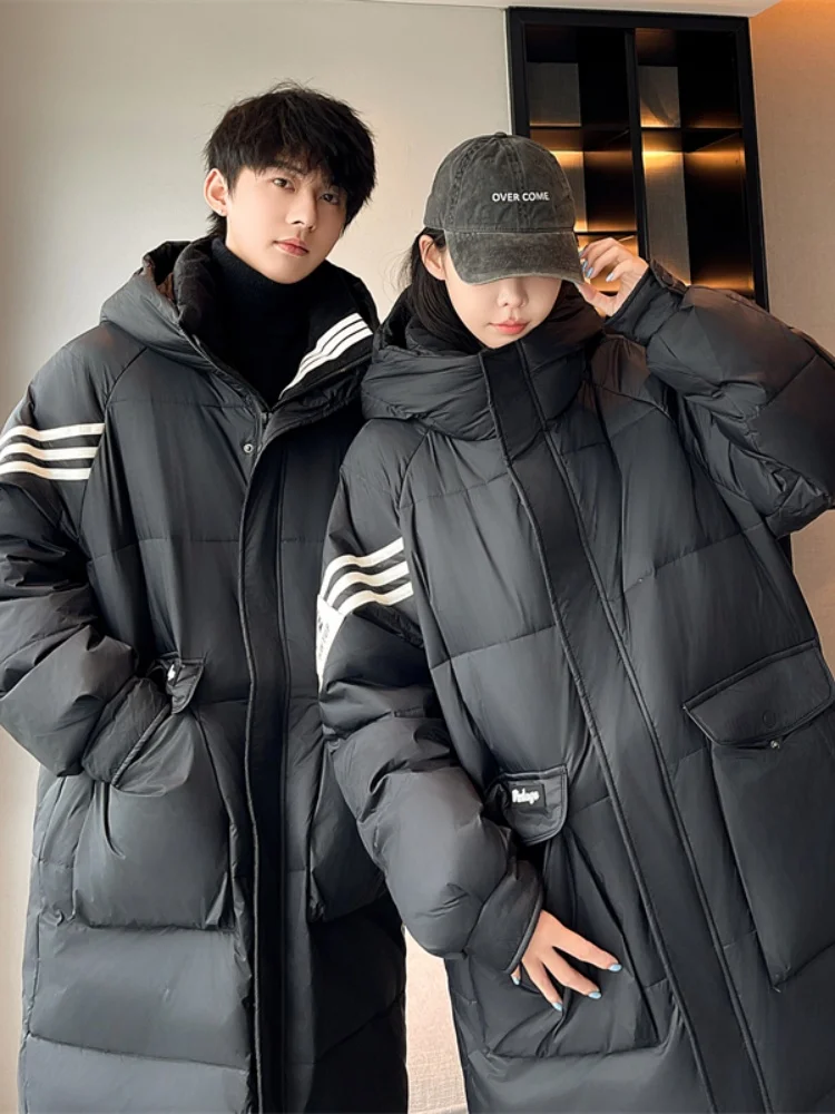 

Повседневная длинная пуховая куртка-пальто в корейском стиле, свободного кроя, модный топ для мужчин и женщин, новинка зимы