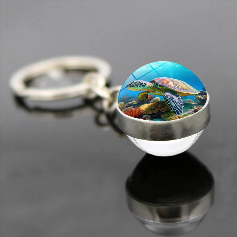 Blue Sea Marine Organisms Keychain Cute Double Sided Glass Ball Pendant Dolphins Turtles Car Bag Decoration Keyring Jewelry Gift