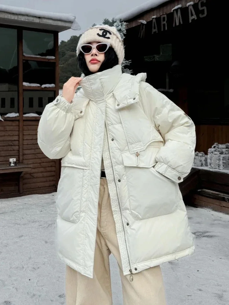 New Autumn Winter Down Clothes Female Mid-length Hooded Puffer Jacket Women Long Sleeves Down Coat Lady Oversize Outwear