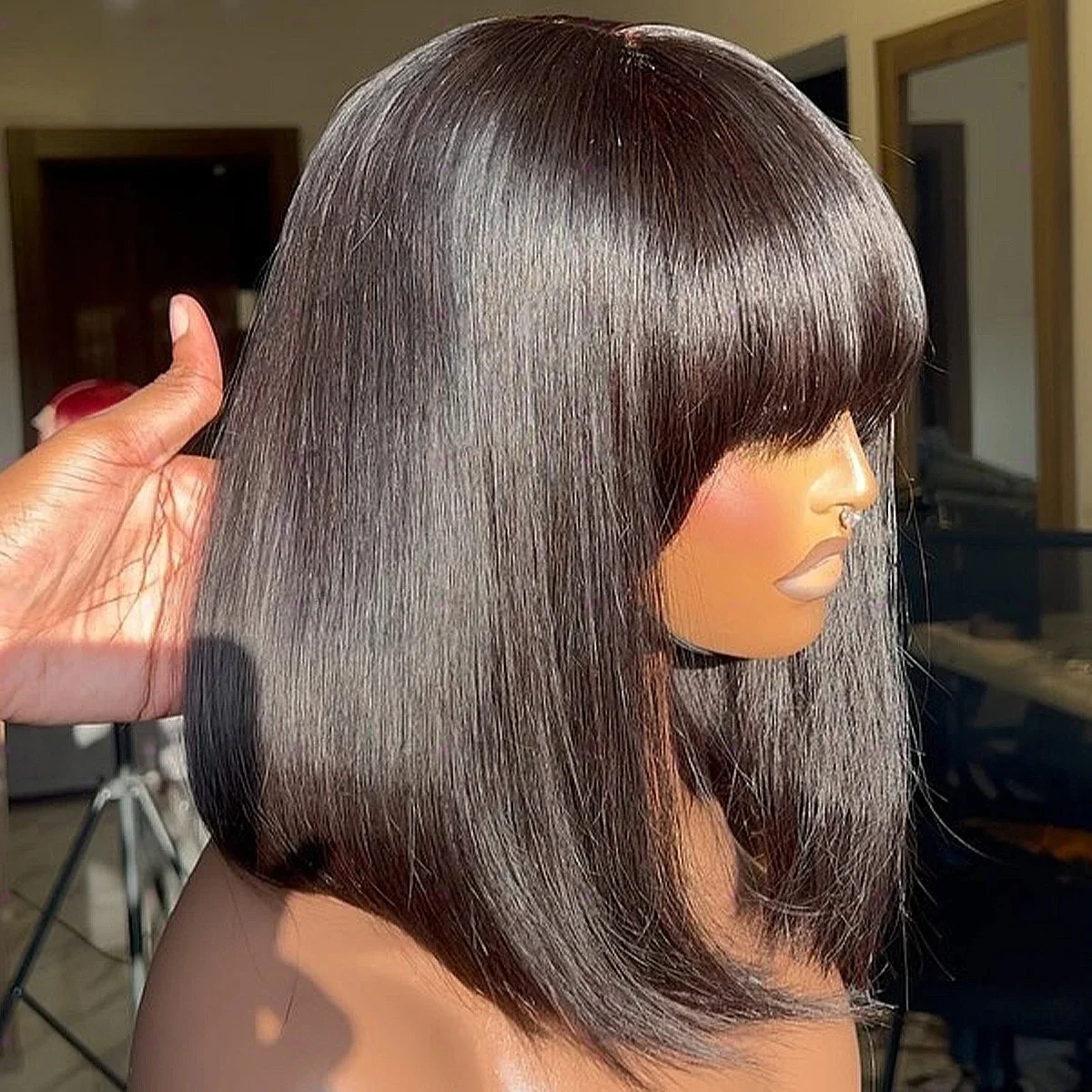 Black Wig Short Bob Lace Wigs 13x4 HD Straight Lace Front Wig with Bangs Synthetic Daily Cosplay Makeup Use On Clearance Sale
