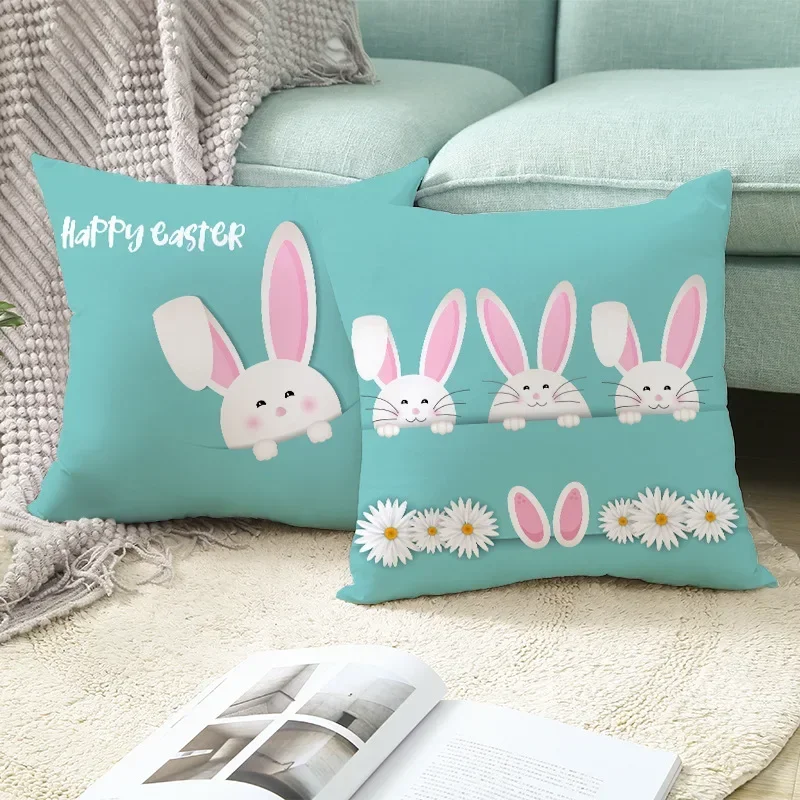 Sofa Cushion Cover Home Decor Easter Decorations Pillowcase Green Blue Rabbit Print