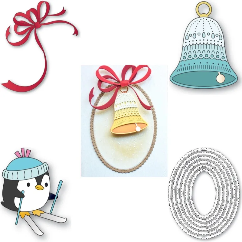 Penguins Holding Equipment Slide Snowboard Metal Cutting Dies Scrapbook Diary Decoration Stencil Embossing Template DIY Greeting