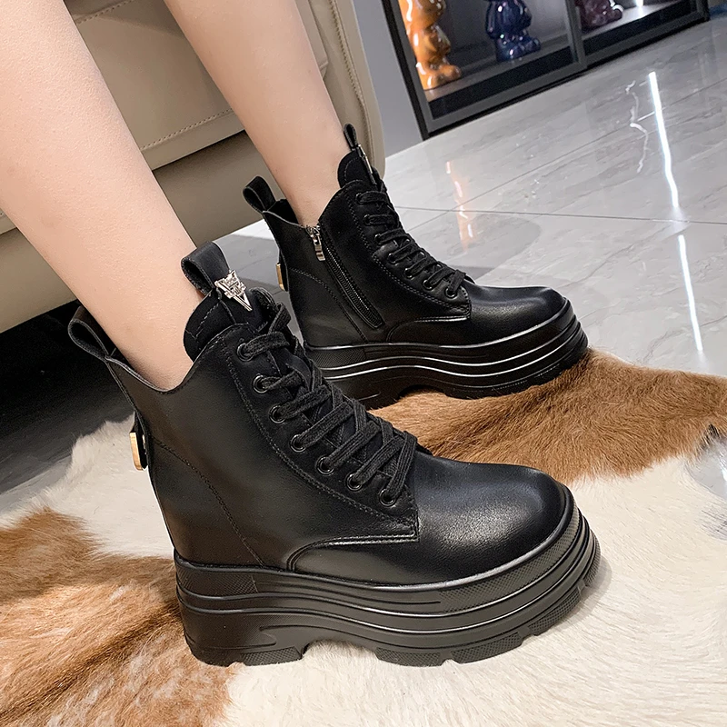 Leather Ankle Boots for Women New 2023 Autumn Winter Warm Motorcycle Boots Woman Vintage Lace Up Snow Fur Shoes 10CM High Heels