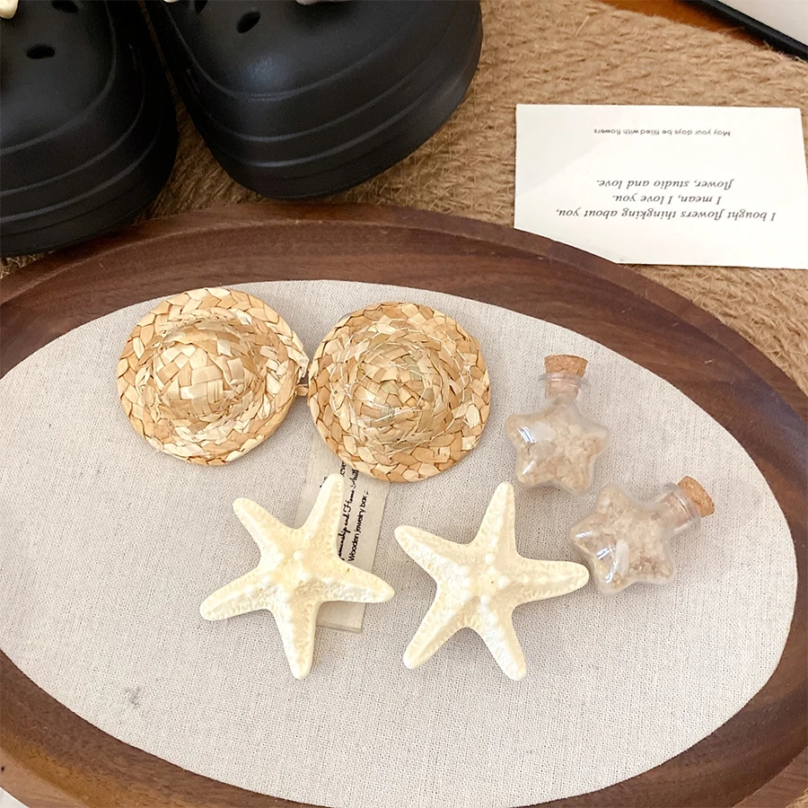 Beach Vacation Style Shoe Charms Set with Straw Hat Starfish Perfect for DIY Decorating Crocs Clogs for Summer Travel Casual