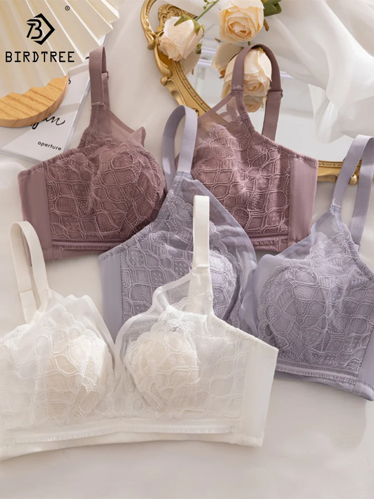 

BirdTree Lining 100%%Real Silk Sexy Bra, Women's Lace Embroidery, Patchwork Thin Breathable Underwear, 2024 Spring New P41949QM