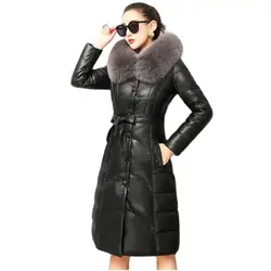 2024 Haining Leather Fashion Fur Female Imitation Fox Fur Collar Temperament In The Long Hooded Slim PU Warm Coat Female Tide.