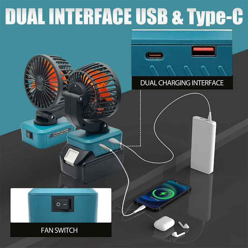 Power Tool Accessories Foldable Electric Fan USB Type-C Mobile Phone Charger Power Bank For Makita 18V Lithium Battery BL1830