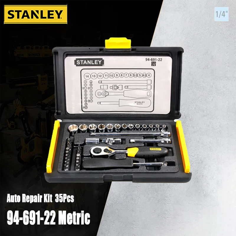 Conjunto de chaves para reparação automóvel profissional Stanley 94-691-22, 6,3mm(1/4 "), inclui catraca, punho, tomadas, haste de extensão, 35 peças