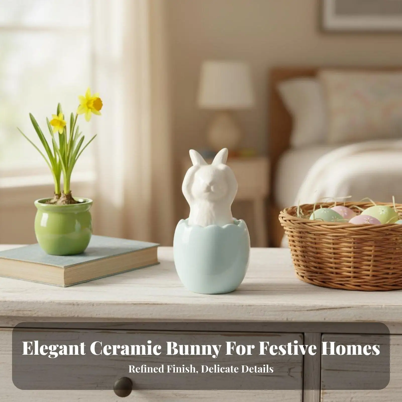 Easter Bunny Ceramic Figurine Eggshell Design Nordic Rabbit Ornament Miniature Statue for Fairy Garden Home Shelf Decor