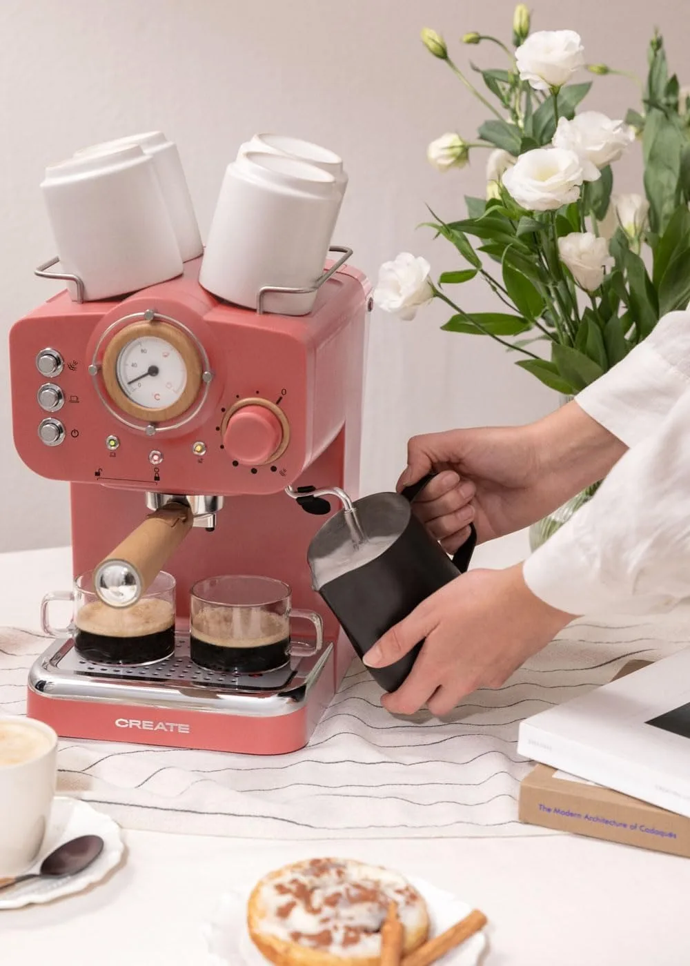 CREATE / THERA RETRO/Cafetera Express Semiautometica Terracota Mate y Madera / 20 bares، brazo dob dob dobles، depensione 1,25L، Caf