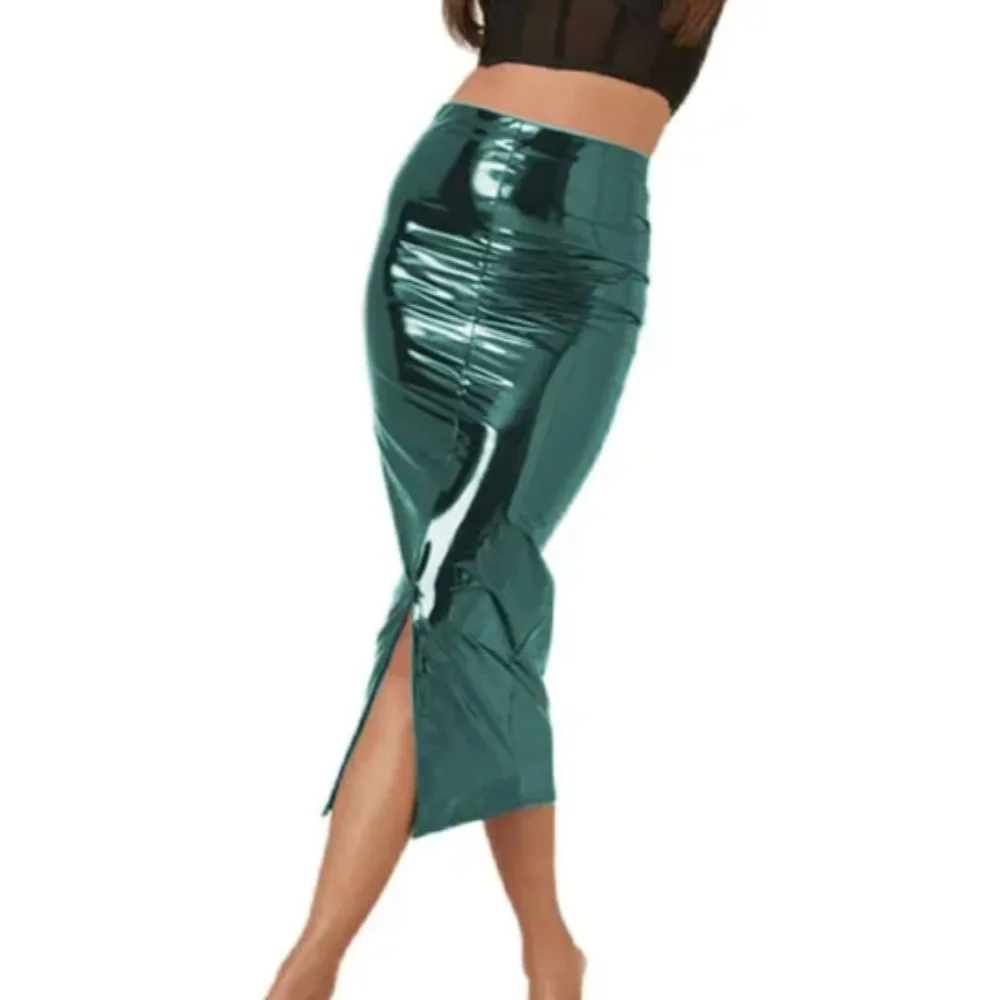 Sissy Sexy Front Slit Midi Skirts Wetlook Plus Size Women Skirts Glossy PVC Leather High Waist Bodycon Hobble Skirts Daily Wear