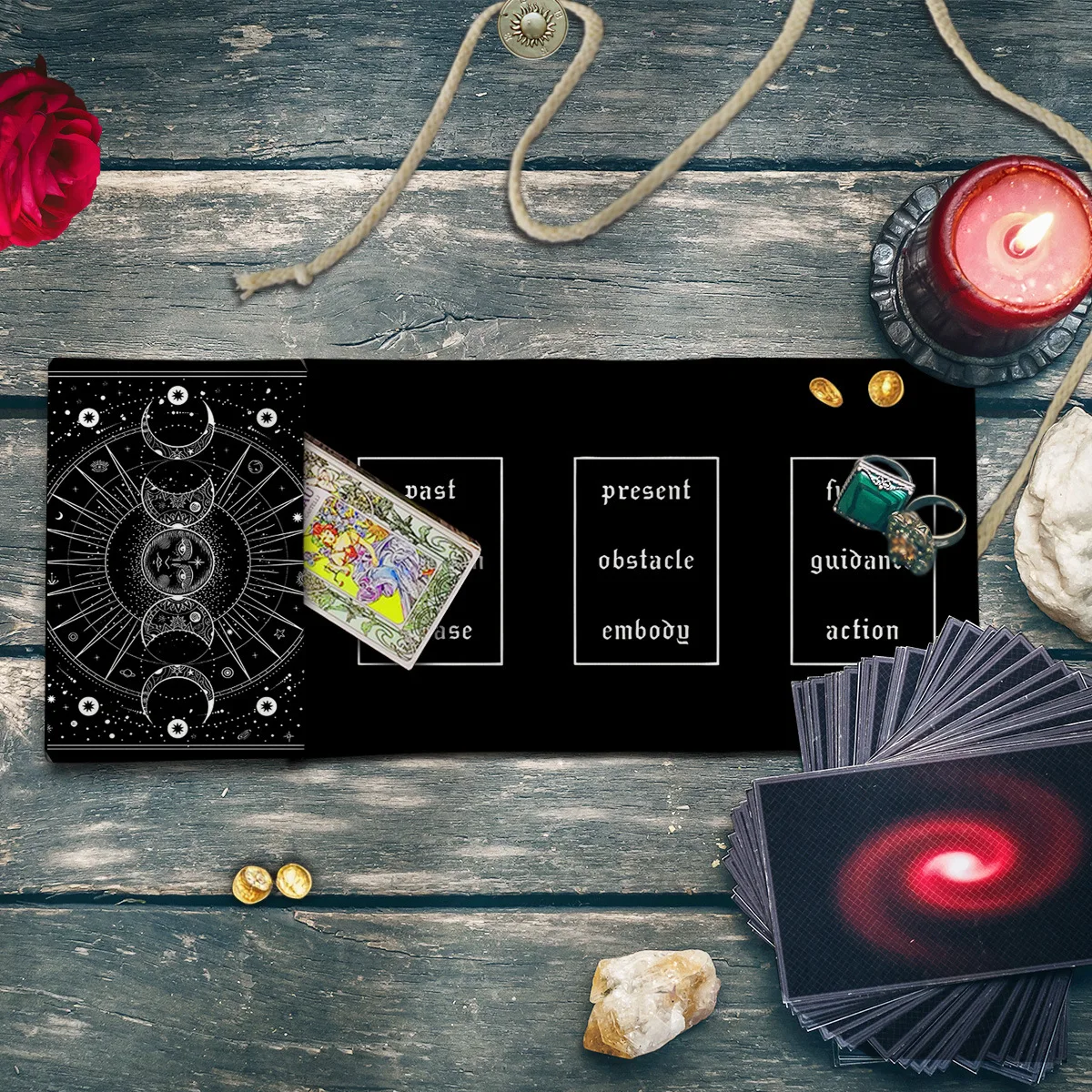 2‑in‑1 Sun Moon Phase Tarot Pouch Bag Foldable Pre‑Printed Past Present Future 3‑Card Tarot Spread Divination Mat Card Storage