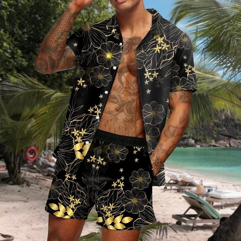 Men High Quality Hawaiian 2Pcs Sets Summer 3D Crane Print Short Sleeve Shirt  Shorts Streetwear Holiday Men's Two Piece Suit