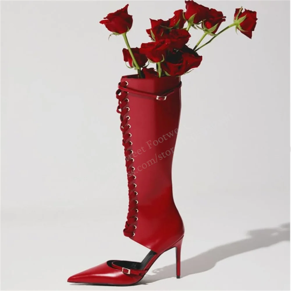 

Red Leather Stilettos Knee High Boot Women Sexy Pointy Toe High Heel Cross Strap Buckle Lace Up Elegant Party Dress Long Boot
