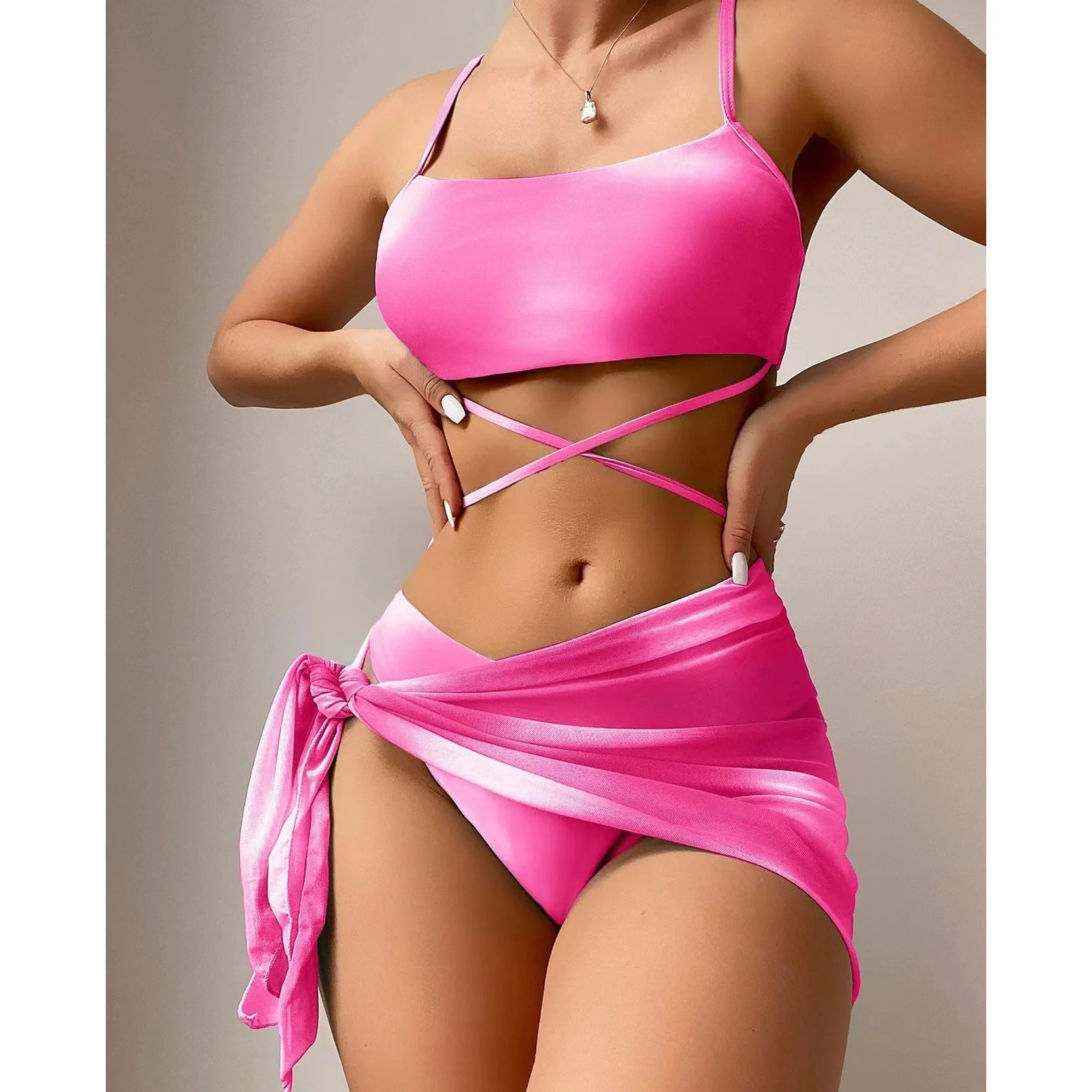Tie Dye Bikini Swimsuit Women's Three Piece Set Mesh Skirt Split Body Suspender Fashionable Swimsuit Padded Bikini Set Swimwear - Image 2