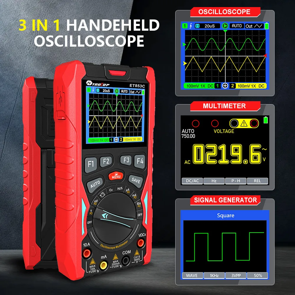 

TOOLTOP Portable 2CH Oscilloscope 3IN1 Signal Generator Multimeter 70MHz Bandwidth 200MSps Sampling Rate Electronics Repair Tool