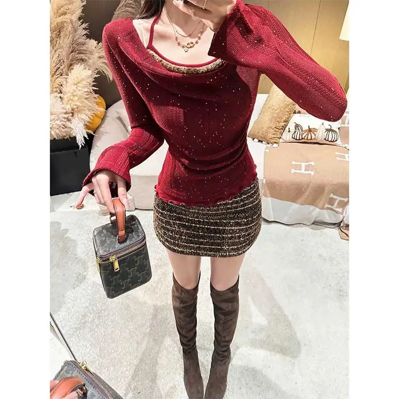 

Women Clothing Autumn Winter Casual Simplicity Trend Solid Color Red Slash Neck Women Knitting Fashionable Fake Two Pieces Tops