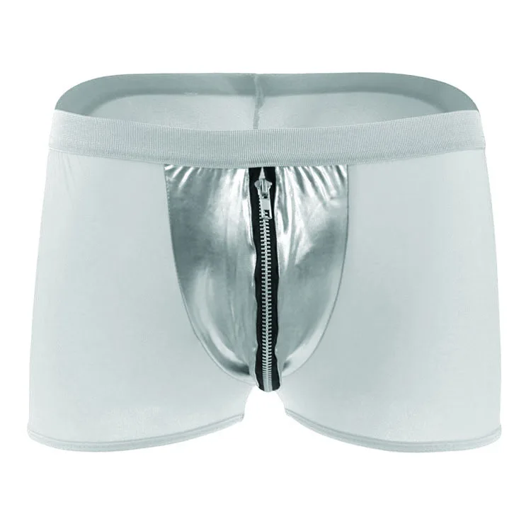 Calça boxer de couro com zíper masculino, cueca cintura média, seda gelada, diversão