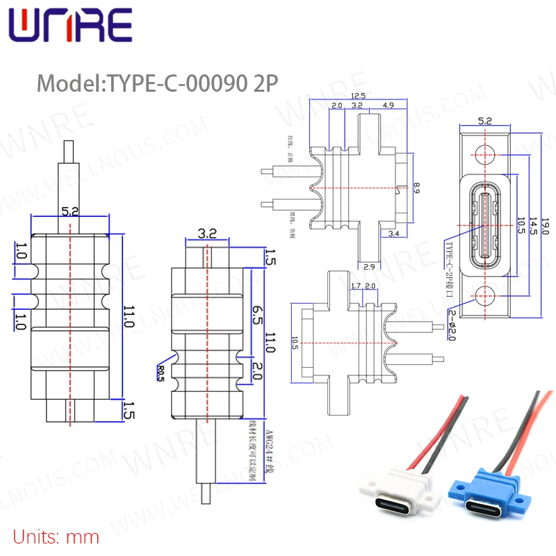 Front Locking Screw TYPE-00090 2P With Wire Waterproof Female Power Connection Port Socket Fast Charging USB Connector
