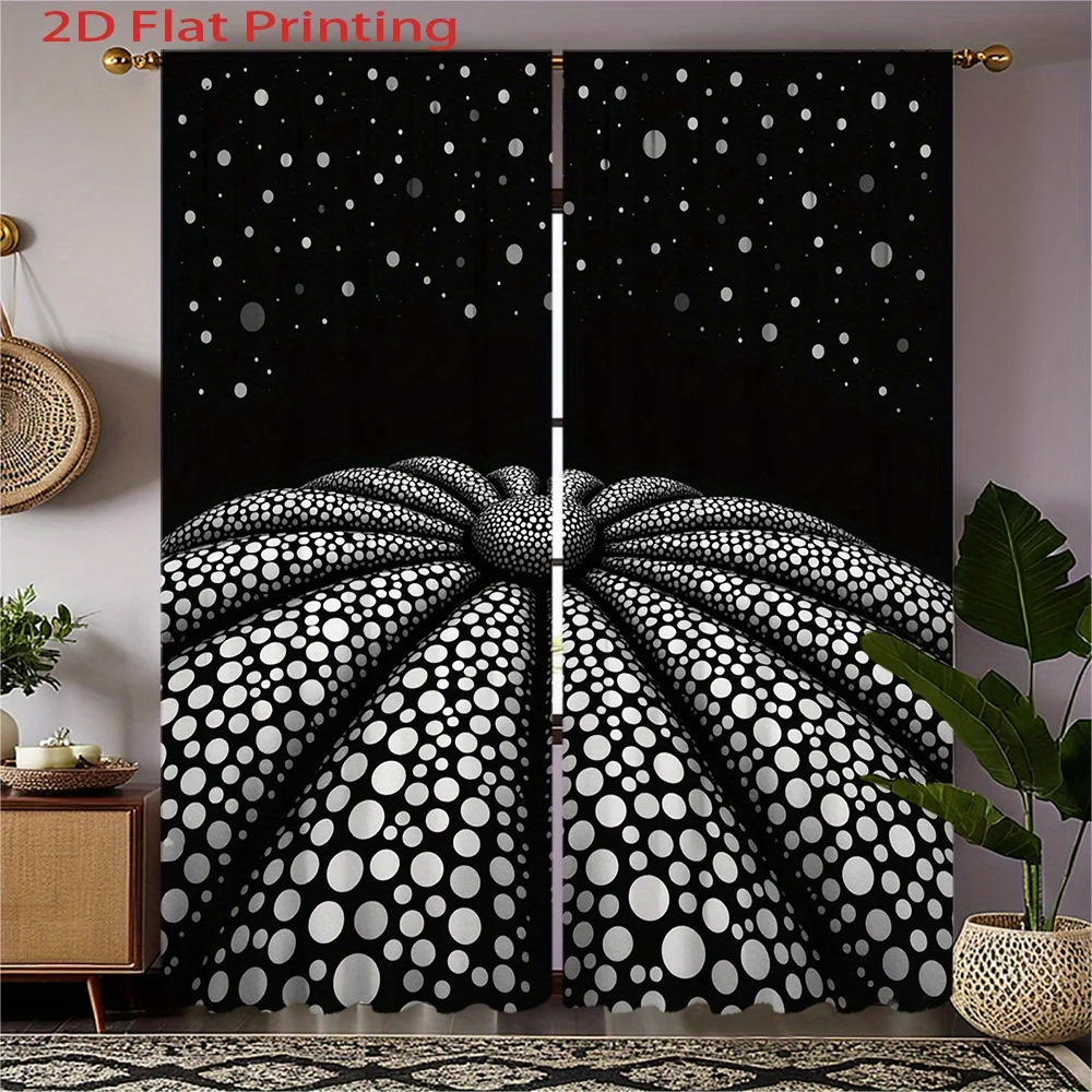 2D Flat, 2pcs Black & White Polka Dot Curtains - Modern Abstract Semi-Sheer Privacy Window Drapes with Flannel-like Fabric (180-