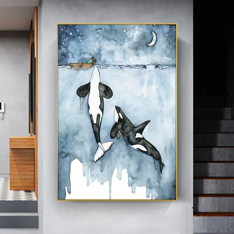 Акварельная гигантская морская КИТ, орка и девушка, печатный плакат, холст, живопись, абстрактная Морская жизнь, настенное искусство для детской комнаты, декор для комнаты мальчика