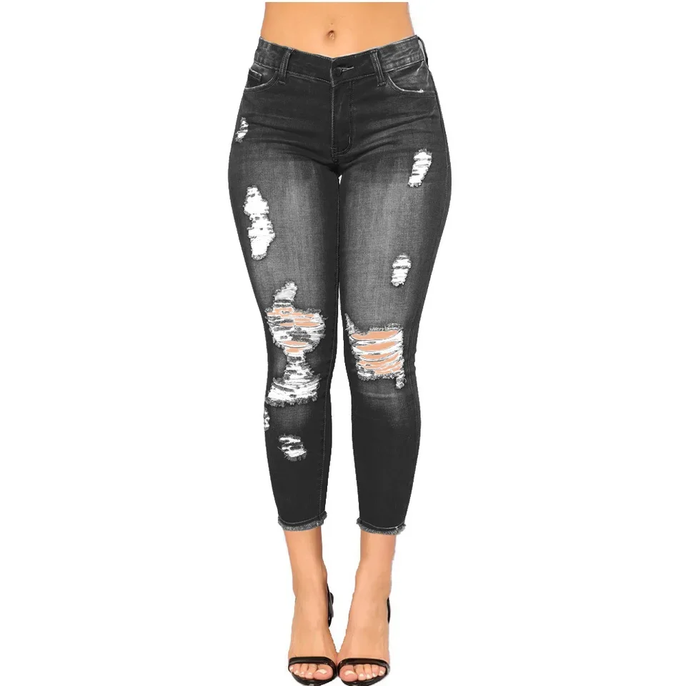 Novos jeans skinny elásticos rasgados lavados para primavera e verão. Jeans feminino casual, justo, levantamento de altura, pernas pequenas de nove polegadas
