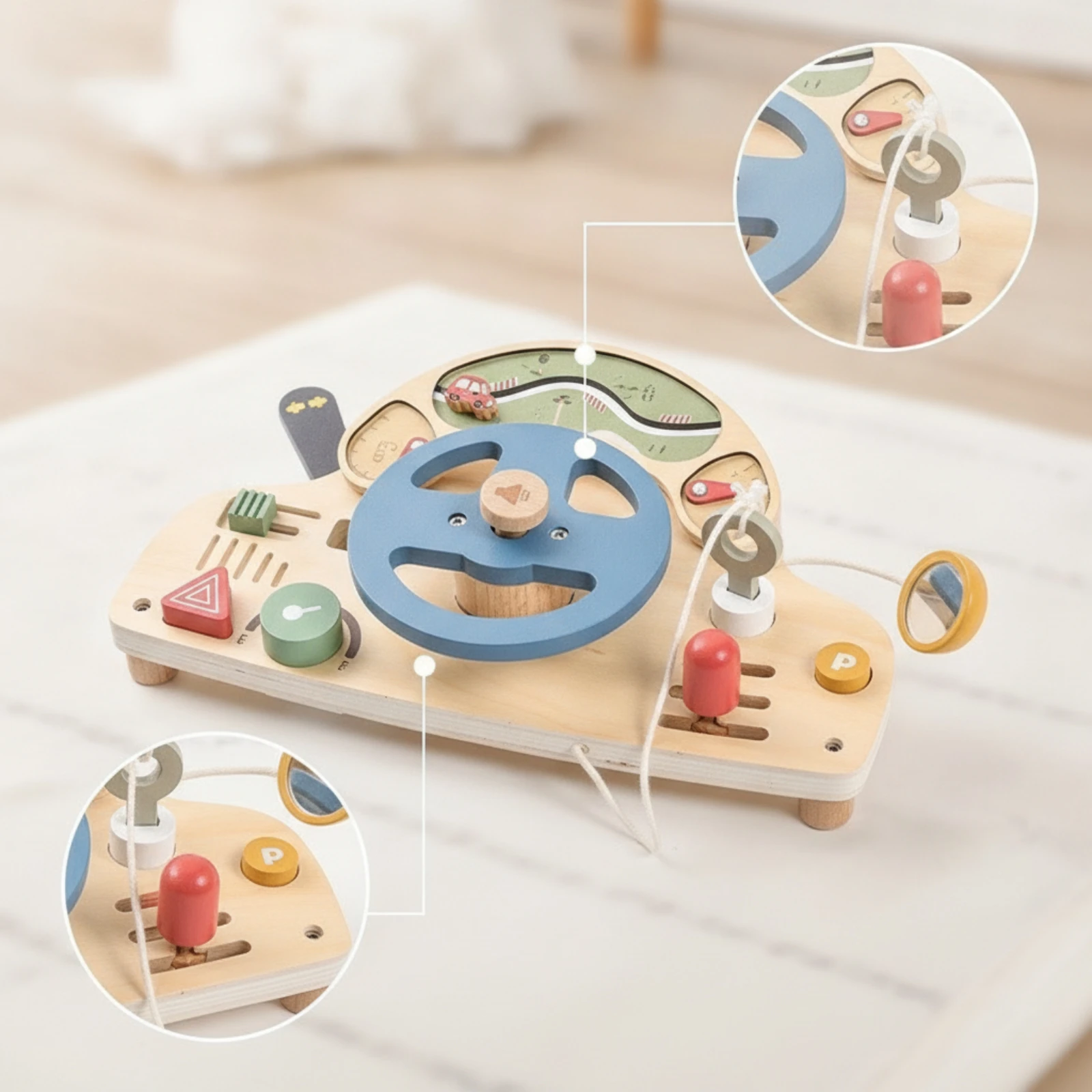 Wooden Busy Board with Steering Wheel Educational Busy Board with Steering Wheel Interactive Wooden Dashboard Hands-On
