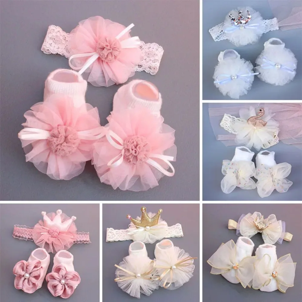 High Quality Soft Baby Headband Sock Set Comfortable Pink blue gold Baby Crown Flower Headband Floor Socks Children's Boat Socks