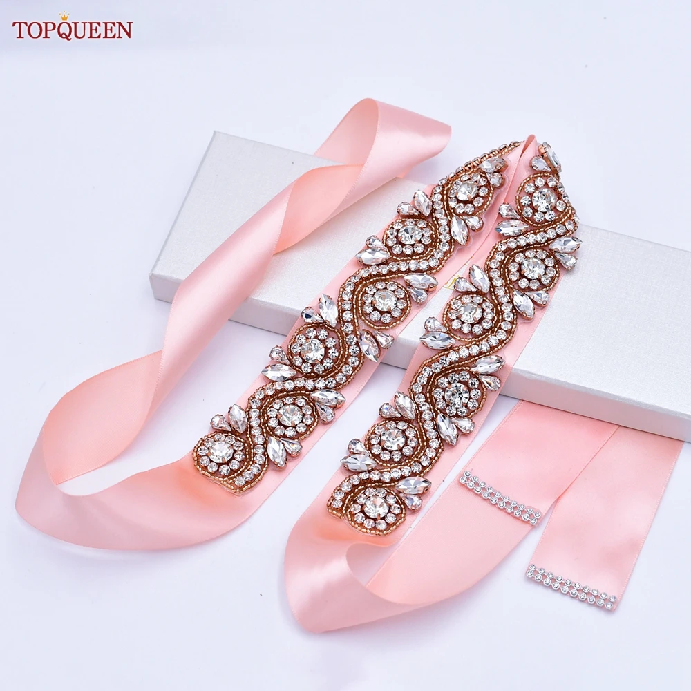 

TOPQUEEN S164-RG Rose Gold Bridal Belt Full Rhinestones Luxury Wedding Dress Sash Girdles Women'S Accessories Stones Appliques