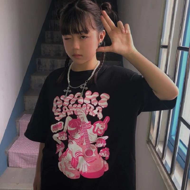 Y2k E-Girl Cartoon Anime Print Round Neck Loose Casual T-Shirt Women Summer Personalized Cool Short Sleeve Tee Casual Sport Tops