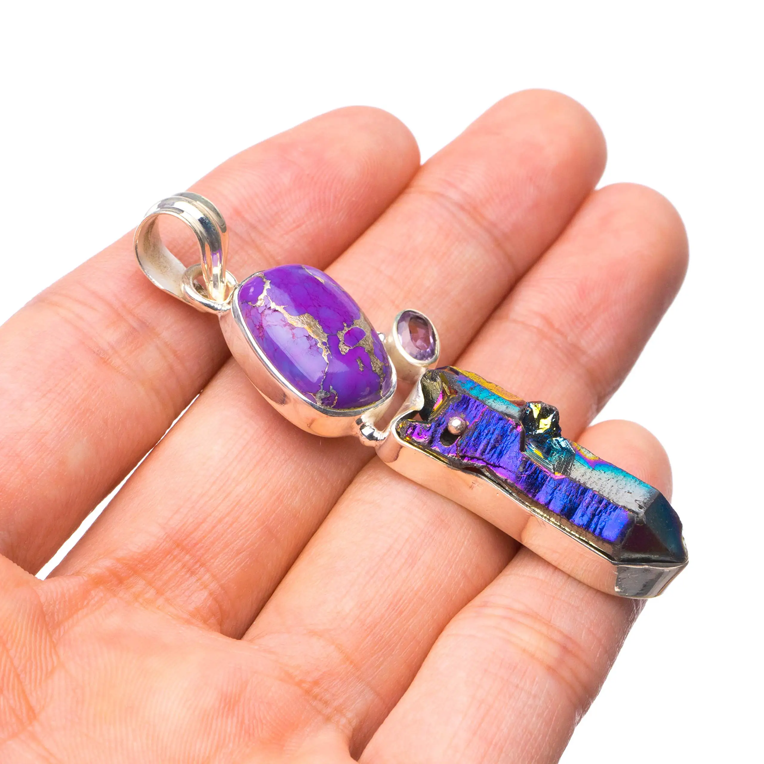 StarGems® Natural Rainbow Dichroic Glass,Copper Turquoise and Amethyst Boho 925 Sterling Silver Pendant 2 1/4