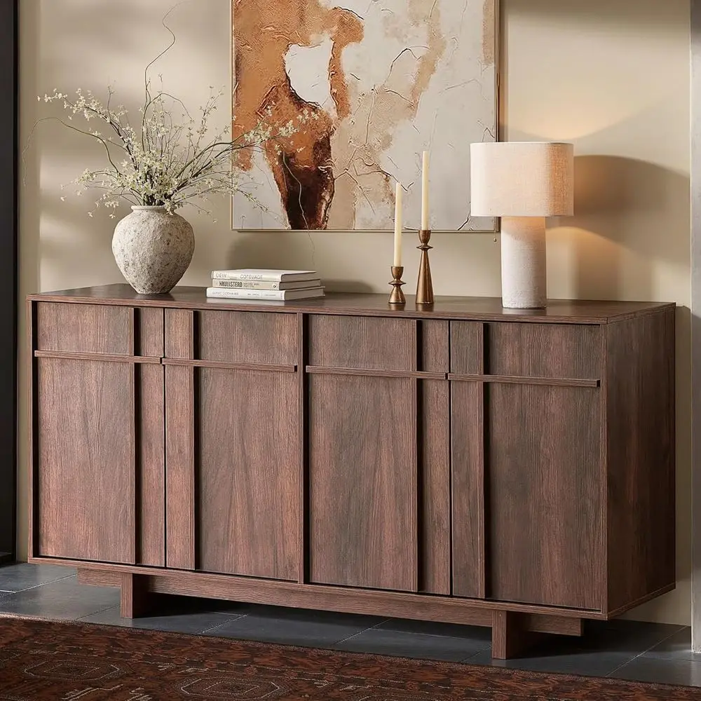 

Modern Accent Cabinet with Storage, 63 Walnut Minimalist Design for Living Room, Kitchen, Dining Room, Entryway