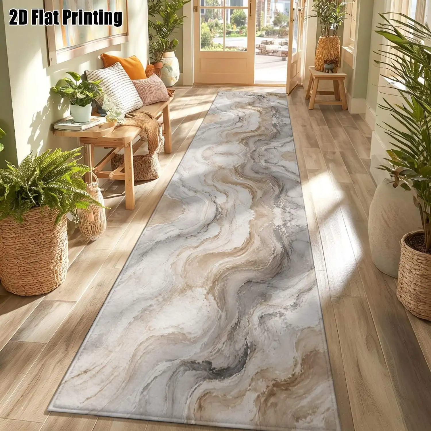 1Pc 2D Printed Beige Wave Texture Long Strip Runner Rug: Nordic, Modern Minimalist, Geometric Striped, Vintage Style Machine Washable, Multi-Size, Home Decor for Entryway, Hallway, Living Room, Bedroom.