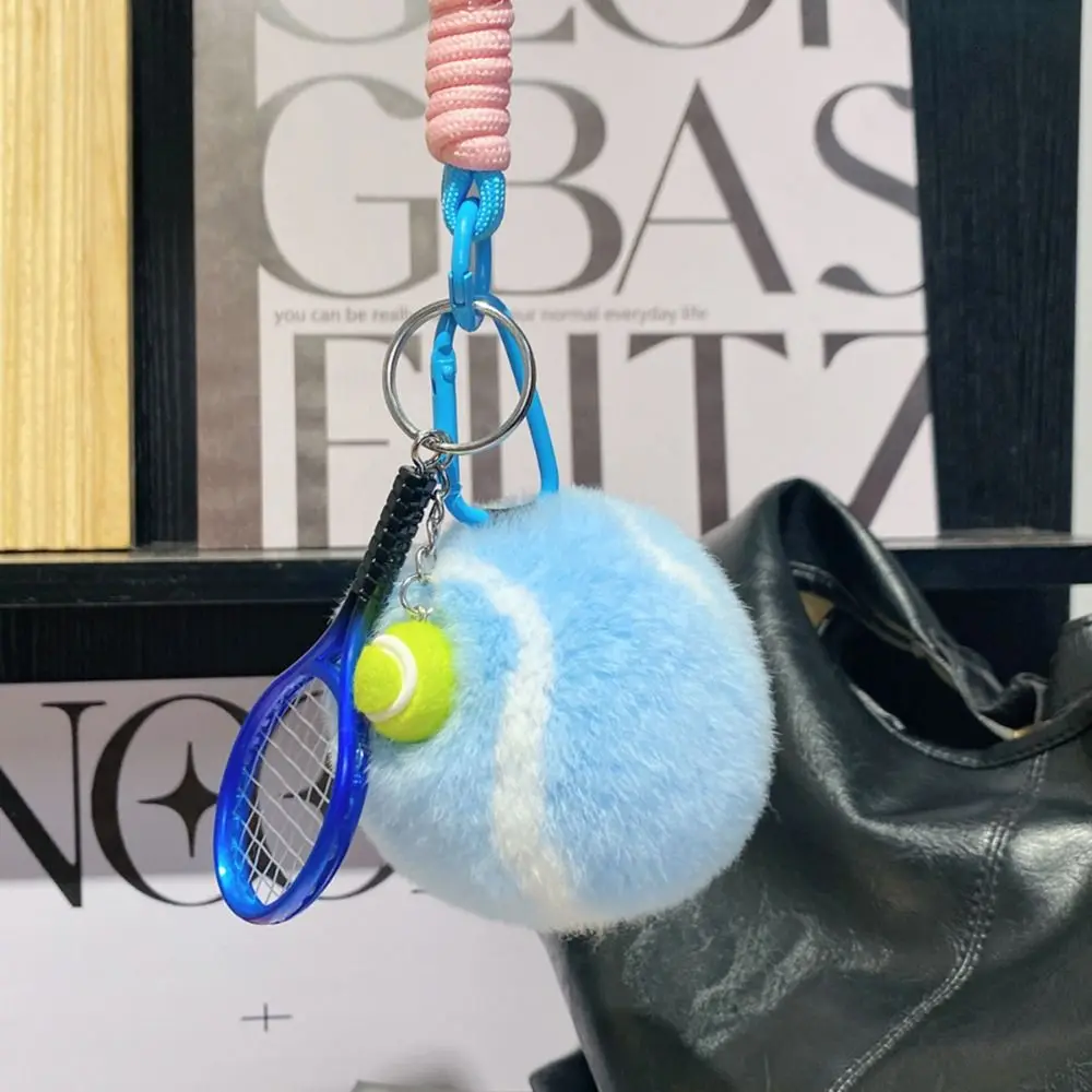 Porte-clés en peluche balle de tennis, pendentif anti-perte, porte-clés en fourrure de lapin, bijoux de dessin animé, sac à dos